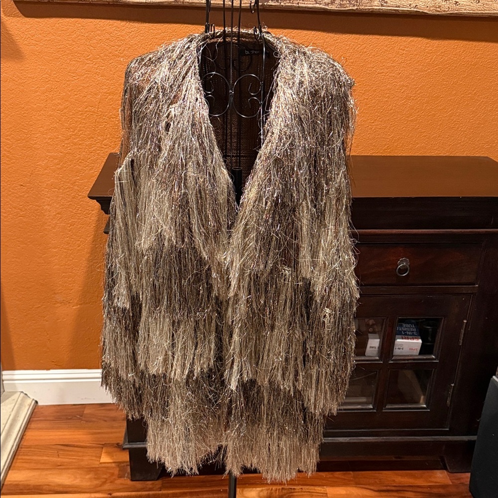 Boohoo Small / Medium Women's Luna Fringe Cardigan Sweater Jacket Metallic